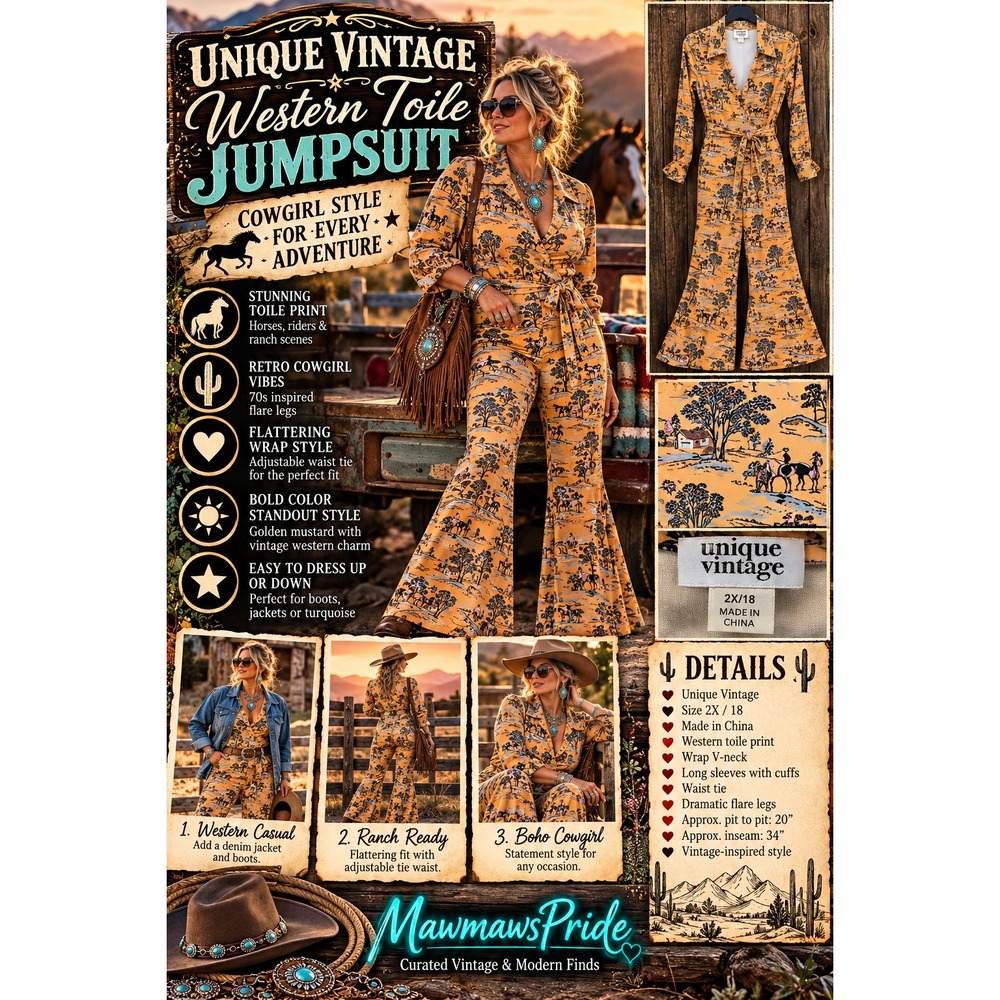 Unique Vintage Western Horse Toile Jumpsuit 2X 18 Flare Leg Cowgirl Retro